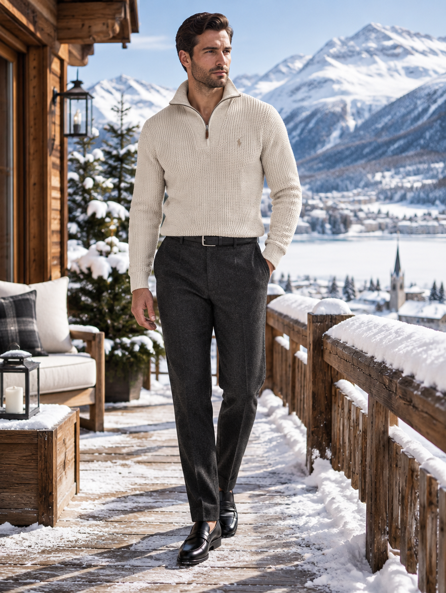 Men's Waffle-Knit Wool-Cotton Quarter-Zip Sweater