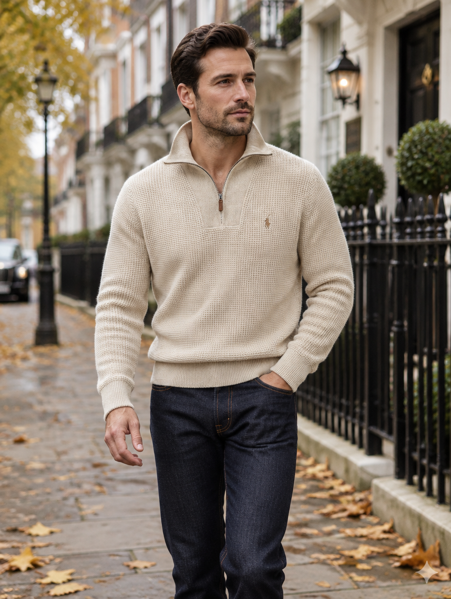 Men's Waffle-Knit Wool-Cotton Quarter-Zip Sweater