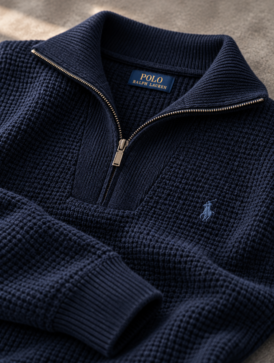 Men's Waffle-Knit Wool-Cotton Quarter-Zip Sweater