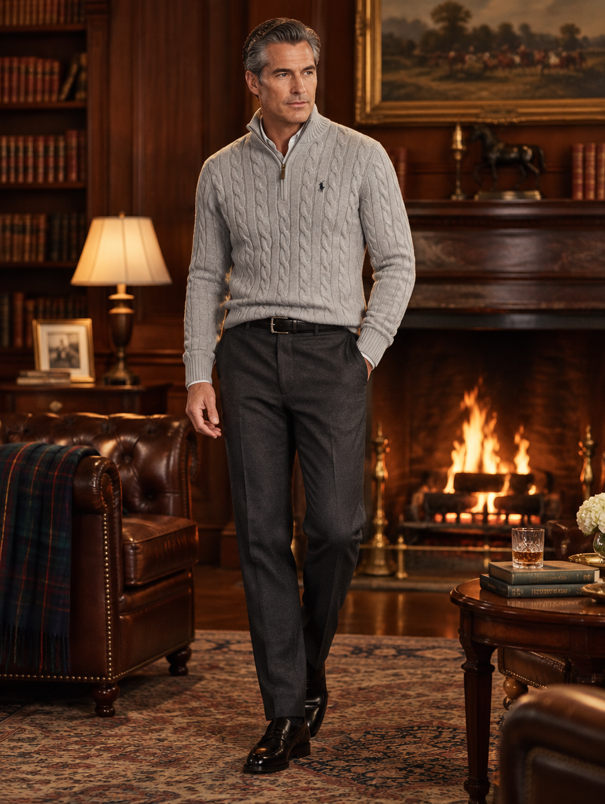 Men's Chunky Cable-Knit Cotton Quarter-Zip Sweater