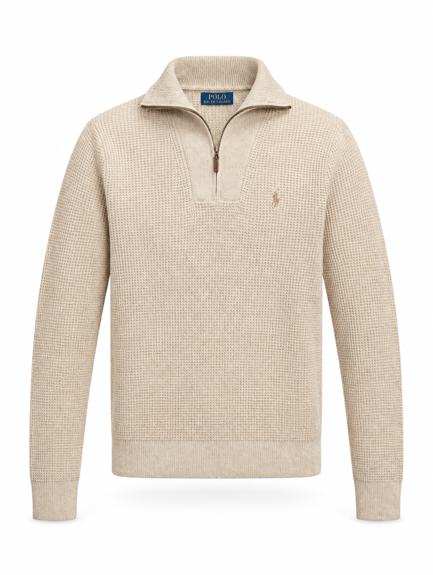 Men's Waffle-Knit Wool-Cotton Quarter-Zip Sweater