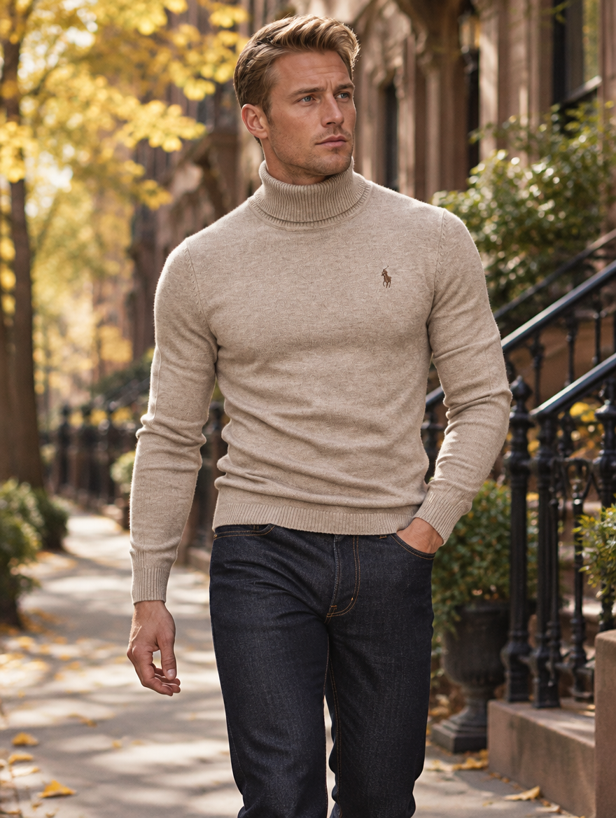 Men's Turtleneck Cable-Knit Wool Knit Sweater