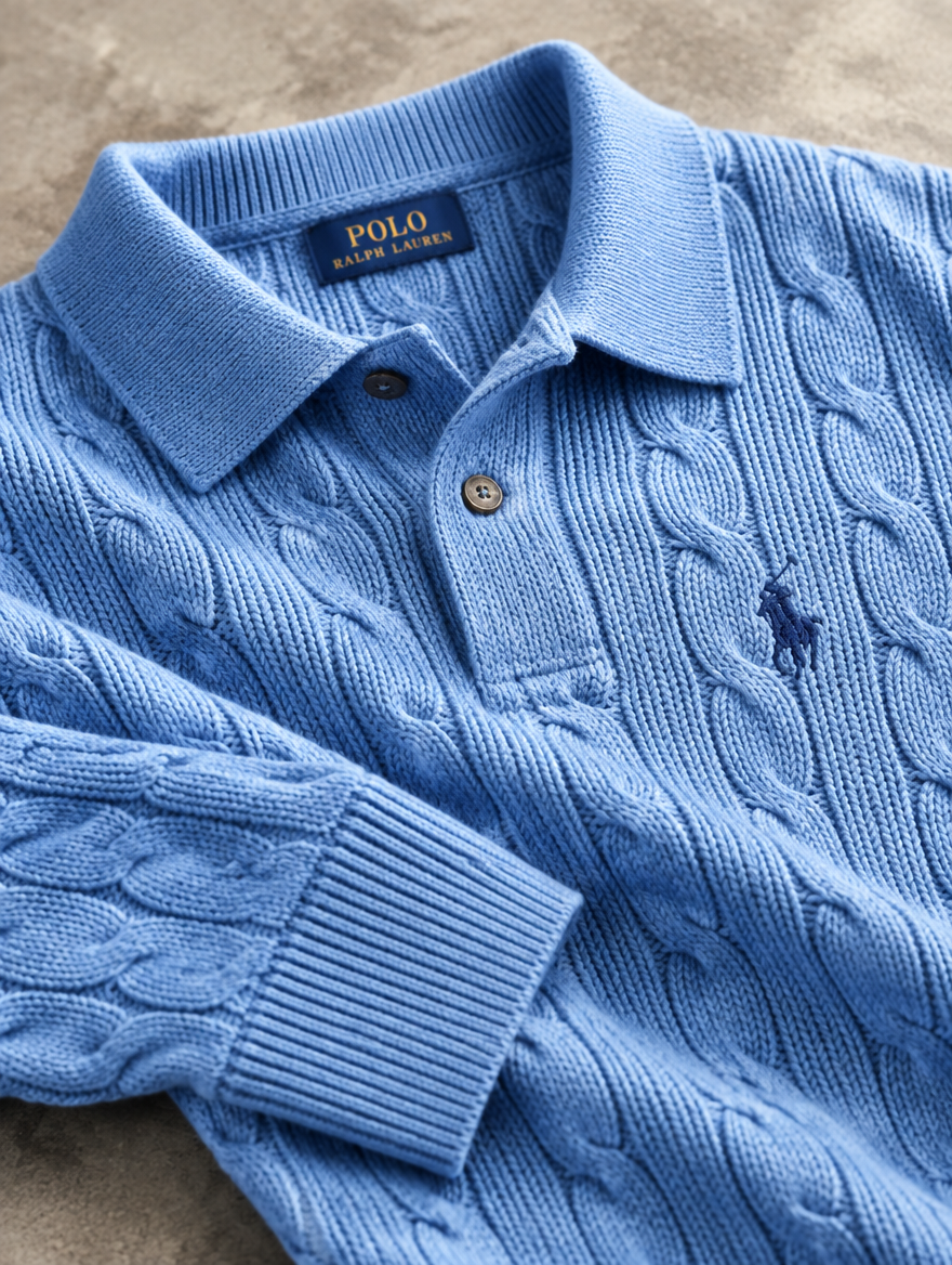 Men's Cable-Knit Cotton Polo-Collar Sweater