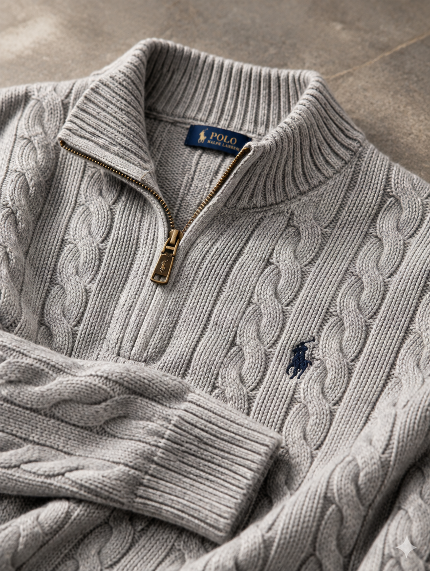 Men's Chunky Cable-Knit Cotton Quarter-Zip Sweater